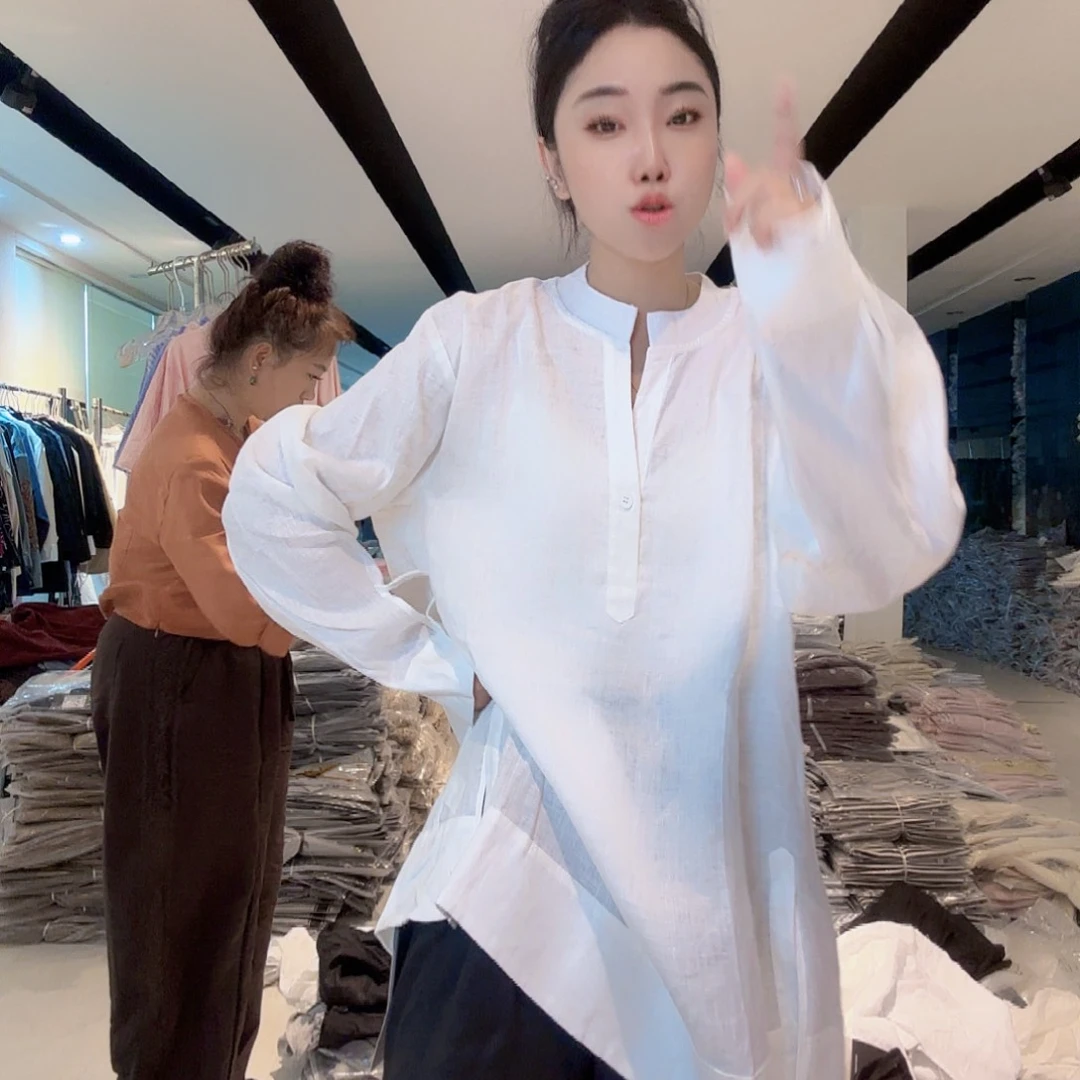 里安家亚麻上衣白色大版