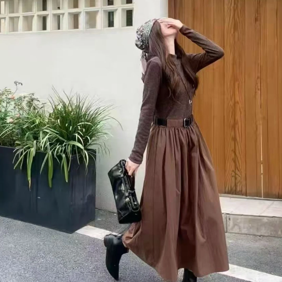 年秋季新款时尚显瘦拼接高腰中长款连衣裙女休闲洋气打底裙子645