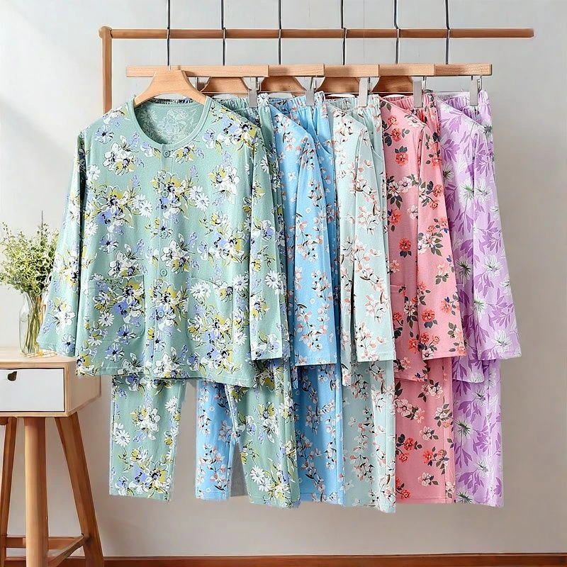 系扣开衫睡衣女中老年纯棉长袖睡衣薄款印花家居服老年人宽松汗衫