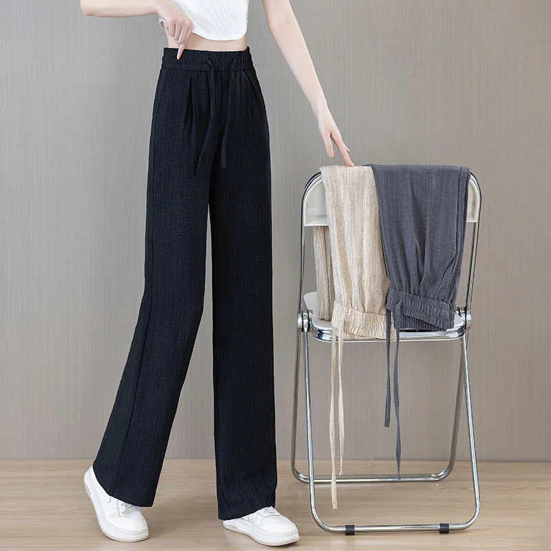 黑色显瘦直筒高腰冰丝阔腿裤女2025夏季时尚抽绳松紧百搭休闲裤女