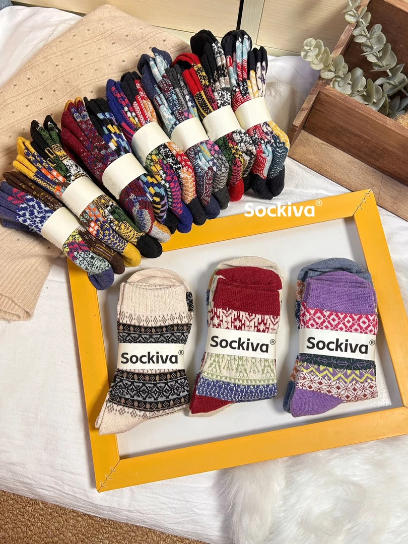【工厂福利】Sockiva男女同款复古图腾羊毛袜【拍一发五】