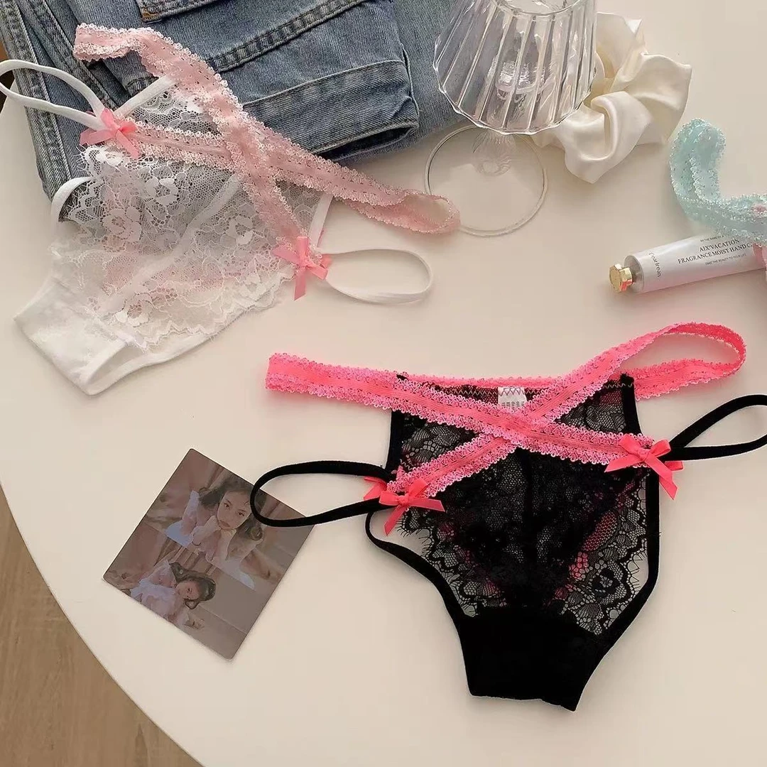 撞色时尚性感火辣女士蕾丝内裤蝴蝶结绑带镂空约会心机诱惑三角裤