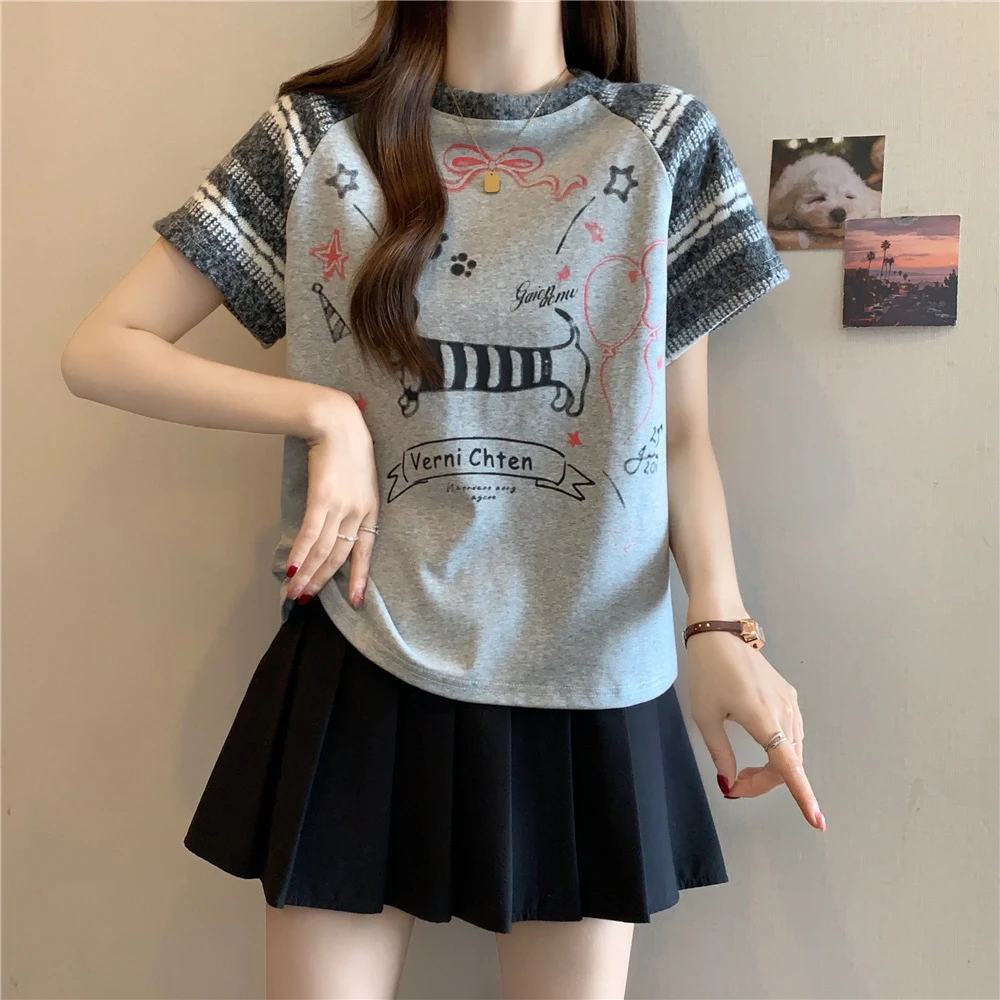 大码女装美式复古涂鸦小狗t恤女2025年夏季胖妹显瘦减龄百搭上衣