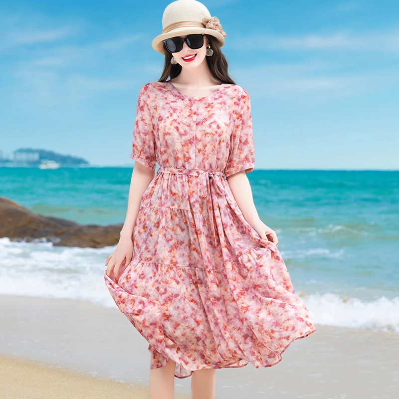 普拉妮真丝桑蚕丝连衣裙短袖2025夏季新款优雅气质V领碎花裙-730