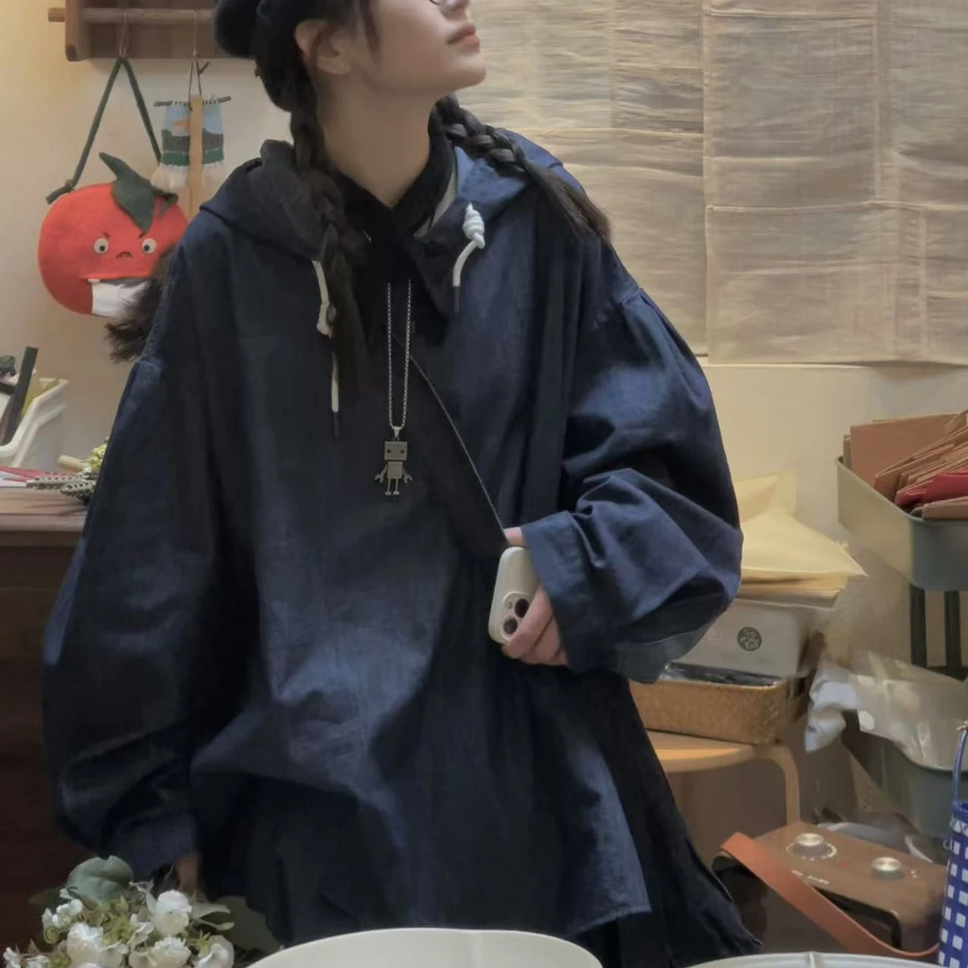 纯色牛仔上衣连帽长袖9910款
