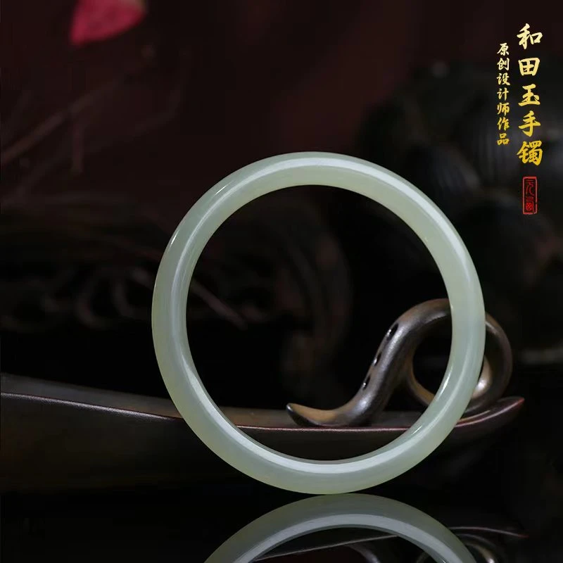 收藏级和田玉晴水手镯女小圆条高冰无暇【圈口53.8】浅绿圆镯