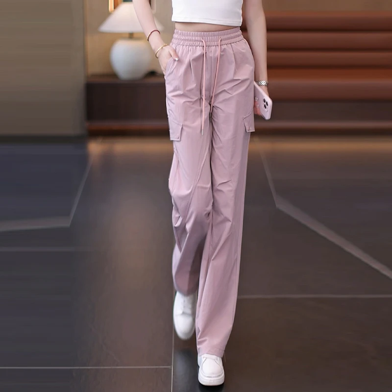 拉夏贝尔阔腿工装女裤夏季薄款2025新款高腰窄版垂感休闲直筒裤子