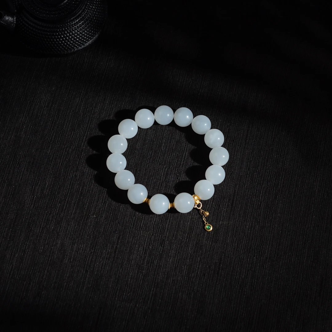 【羽白】和田玉手串18k金镶嵌