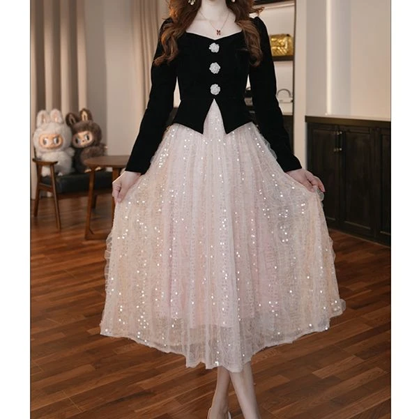 【紫嫣定制】设计师新款法式轻奢A字裙秋冬收腰长袖裙子连衣裙65536