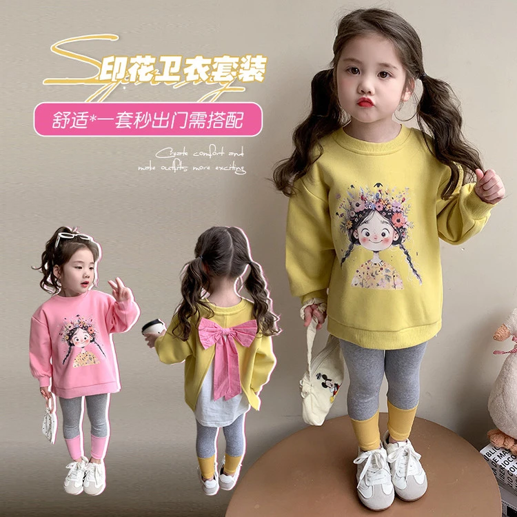 女童春季新款休闲套装甜美可爱小女孩印花蝴蝶结卫衣打底裤两件套
