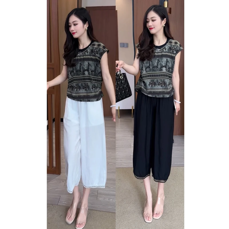 时尚套装女夏季新款洋气显瘦小个子印花马甲上衣八分阔腿裤两件套