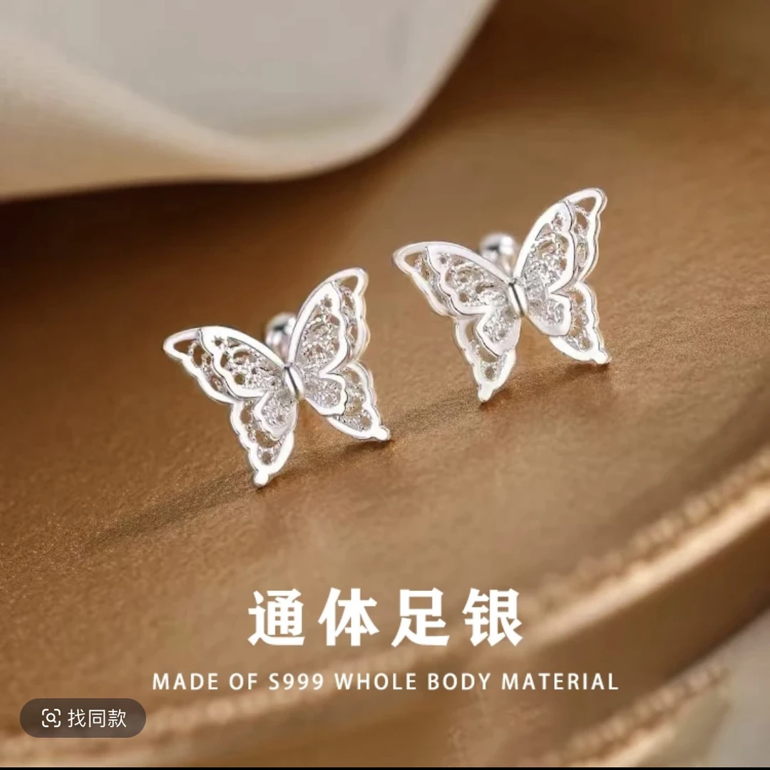 足银耳饰 999银缕空双层蝴蝶耳钉养耳洞小清新甜美日韩设计感耳环