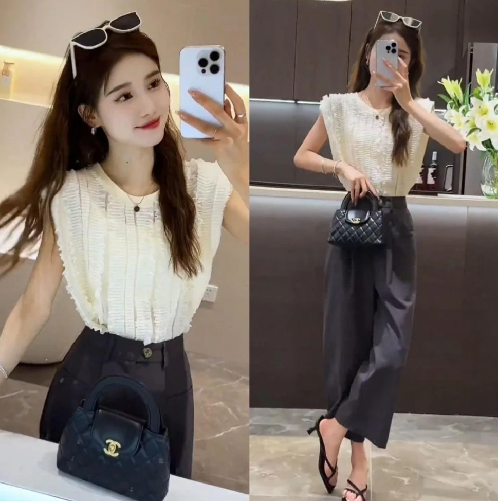 2025夏季新品纯色坎肩无袖木耳花边衬衫圆领洋气减龄飞飞袖上衣