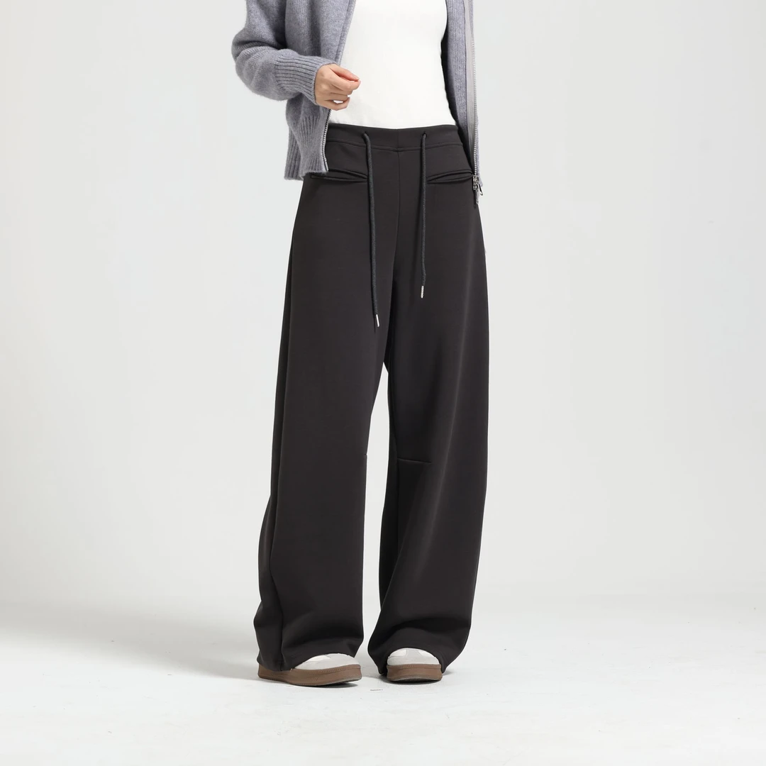 常规休闲微喇中弹微弹休闲裤时尚格纹纯色宽松绑带