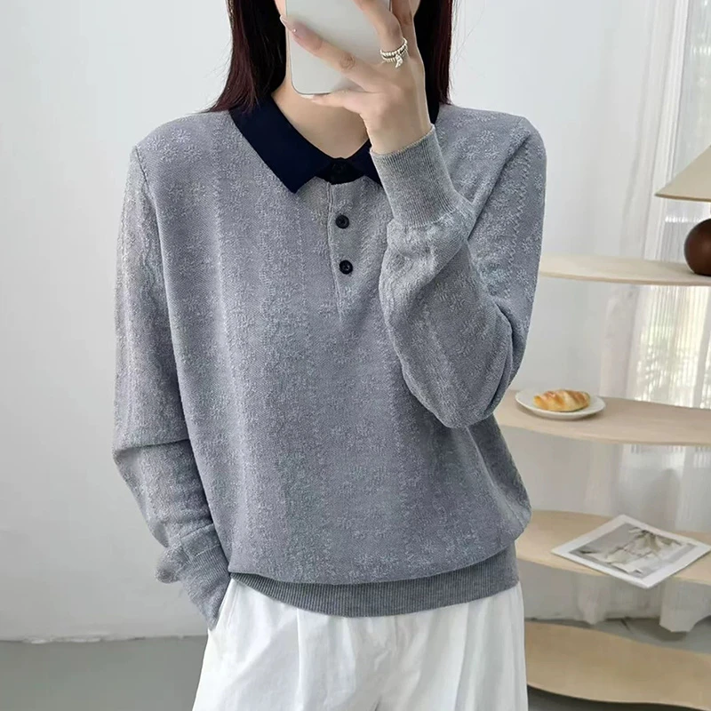 秋季女士polo领毛衣针织衫女2025新款薄款针织打底衫上衣早秋穿搭