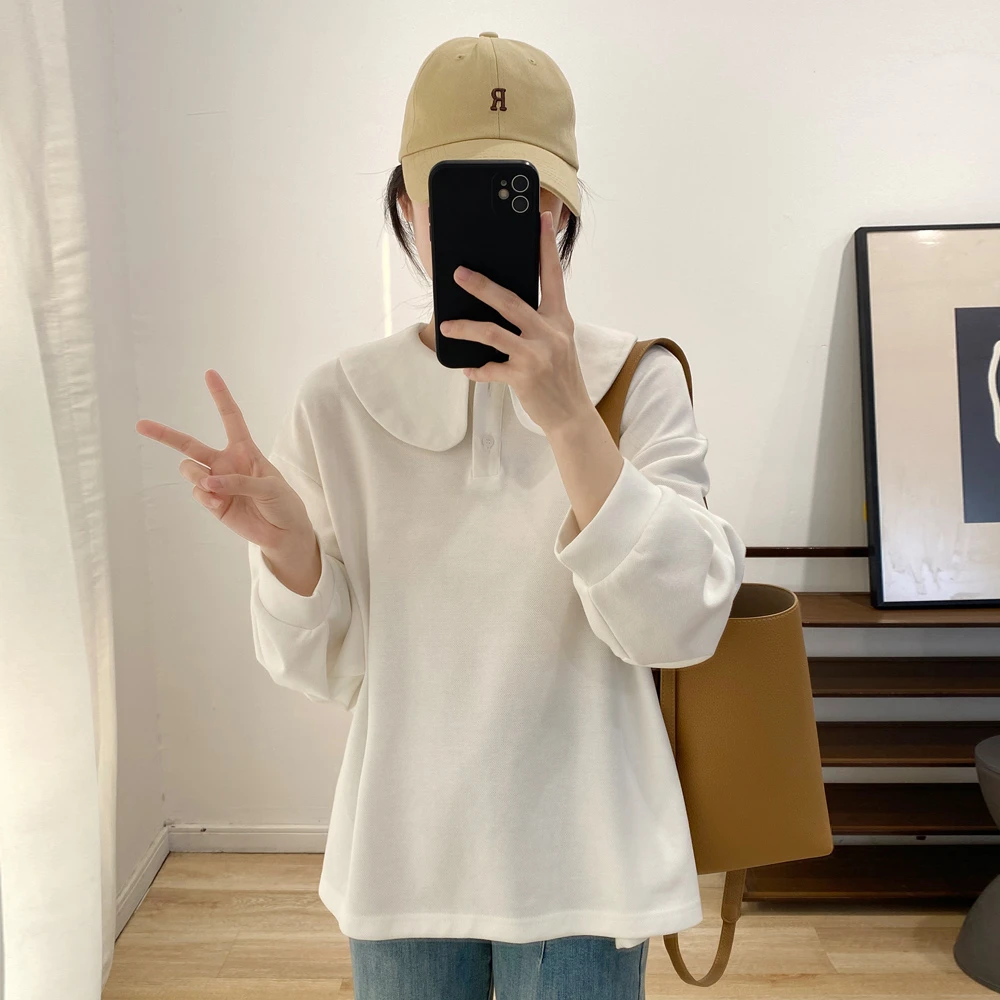 洋气娃娃领长袖t恤女春秋韩版polo领减龄显瘦圆领棉质卫衣打底衫