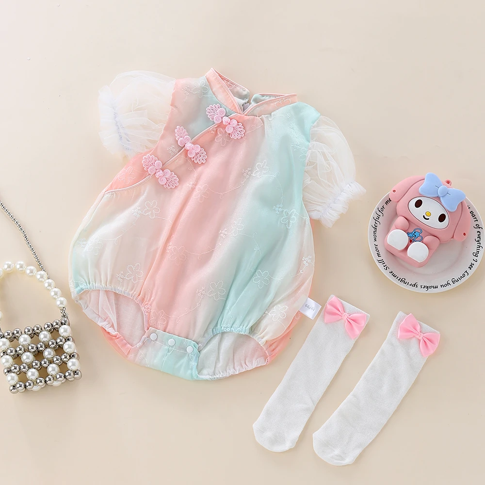 新生幼儿彩虹纱立领包屁衣夏季新款宝宝衣服盘扣甜美