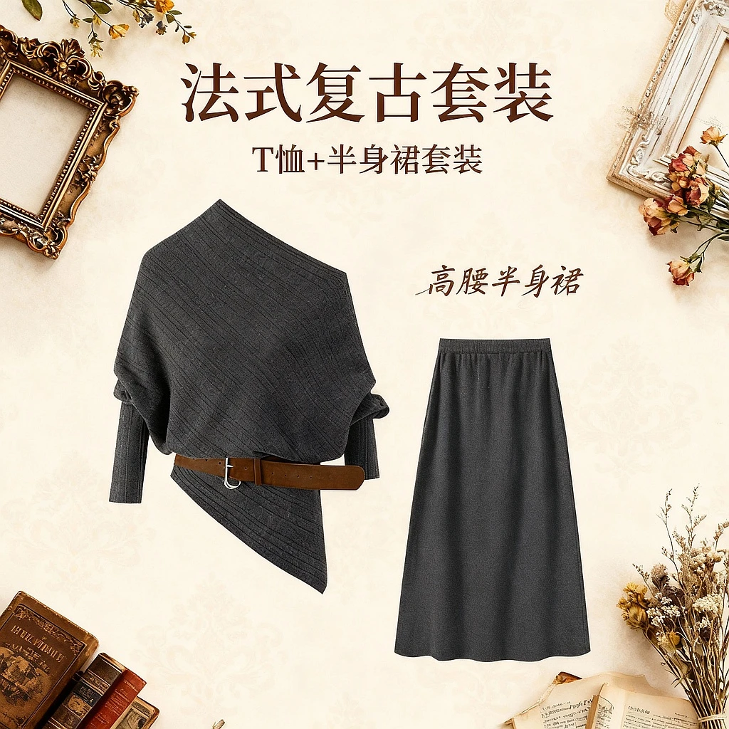 【三件套】法式复古斜肩t桖套装女配皮带高腰半身裙两件套15180