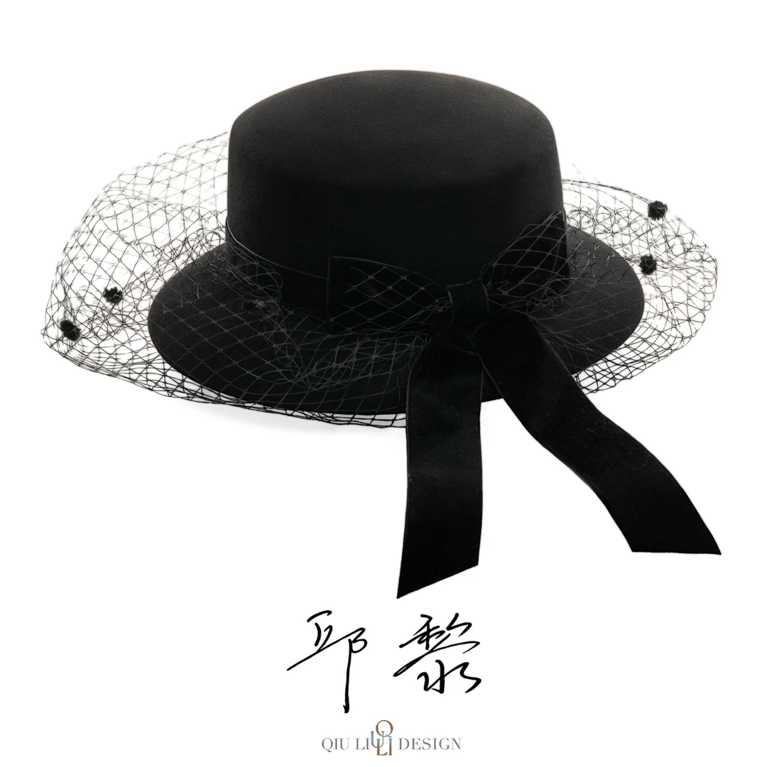 邱黎 · 优雅气质赫本风网纱蝴蝶结海狸毛礼帽  1d2250