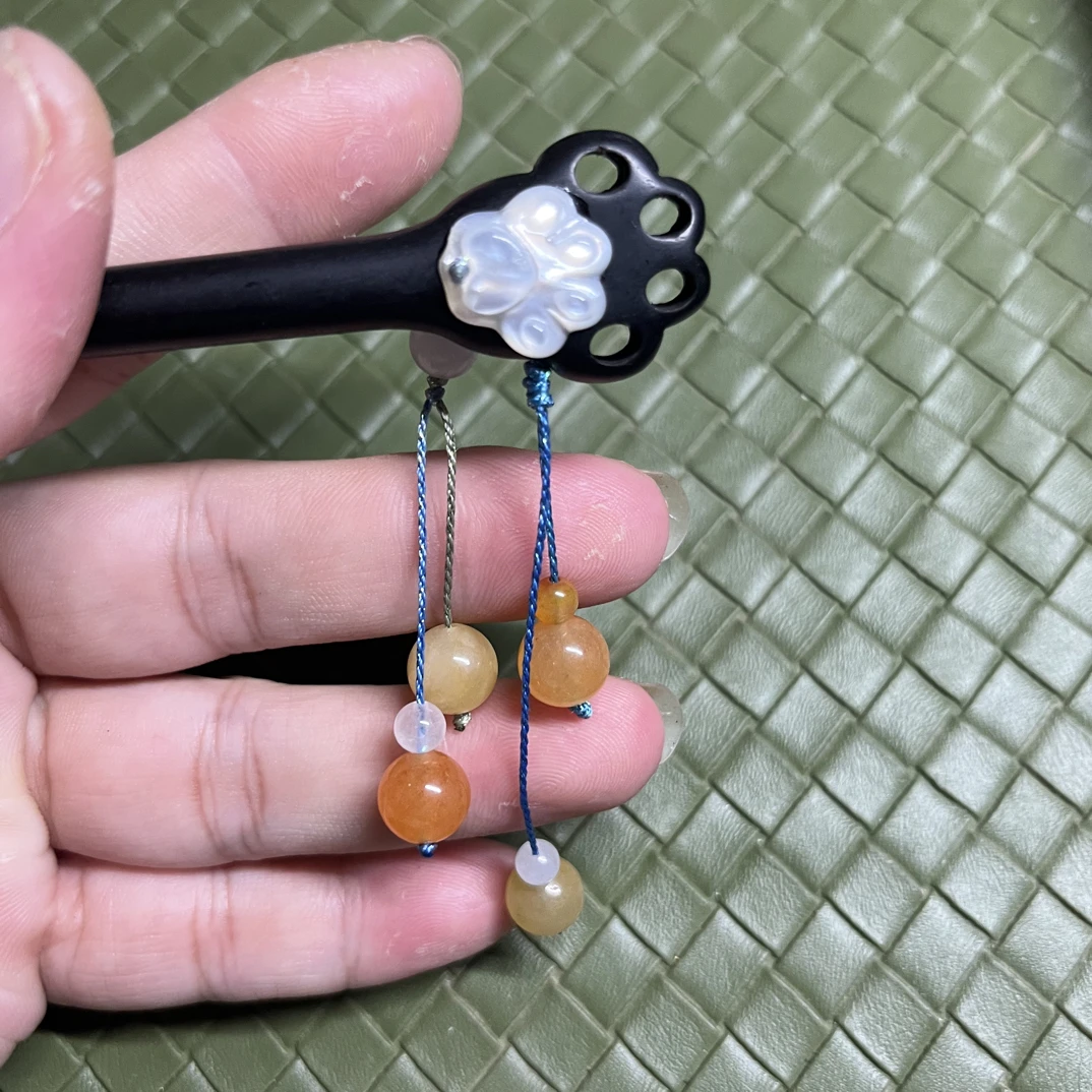 负负得朕绒花，蝶贝檀木簪，汉服发饰手工发簪