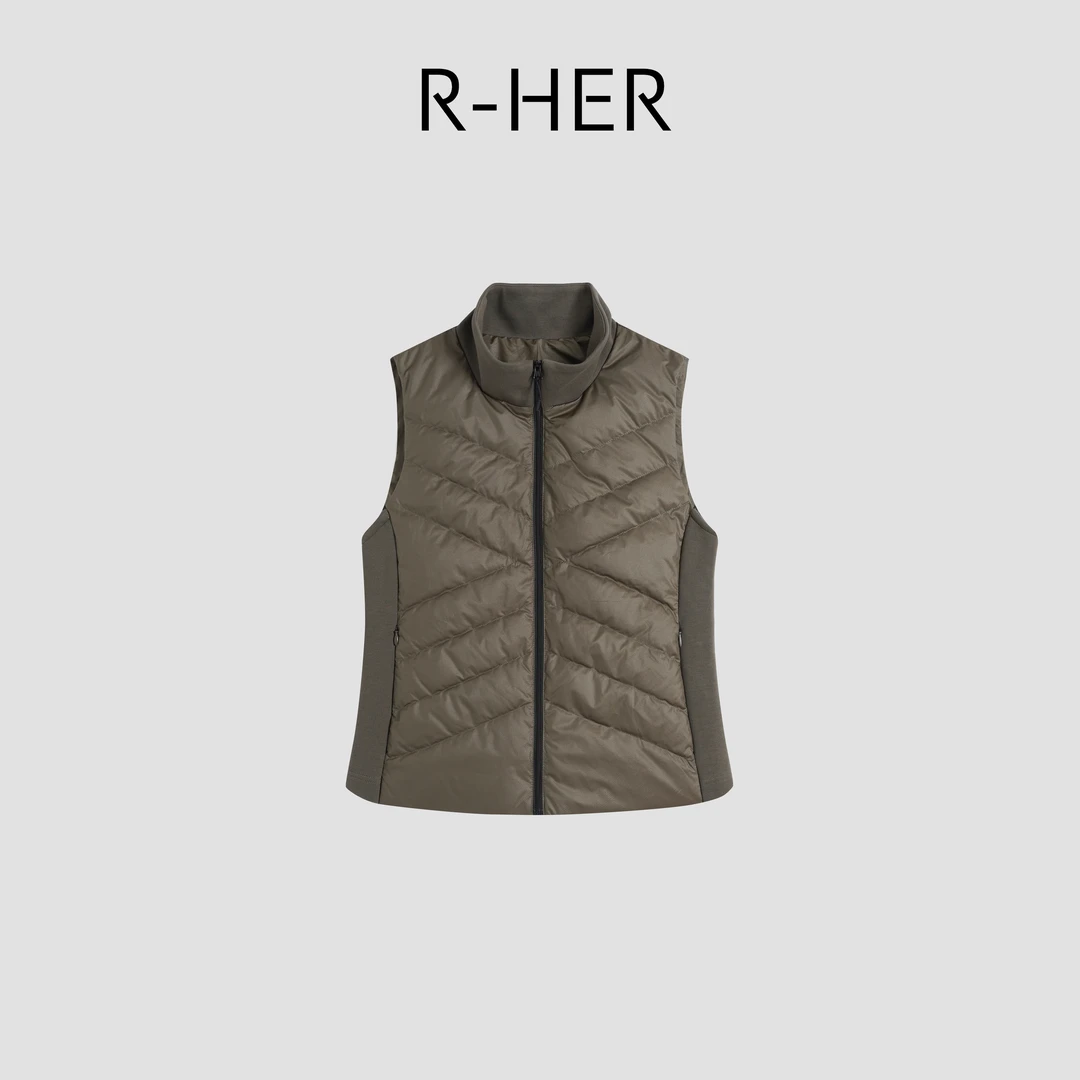 R-HER“线构”95白鹅绒浅色立领拼接时尚休闲羽绒服马甲Y1729