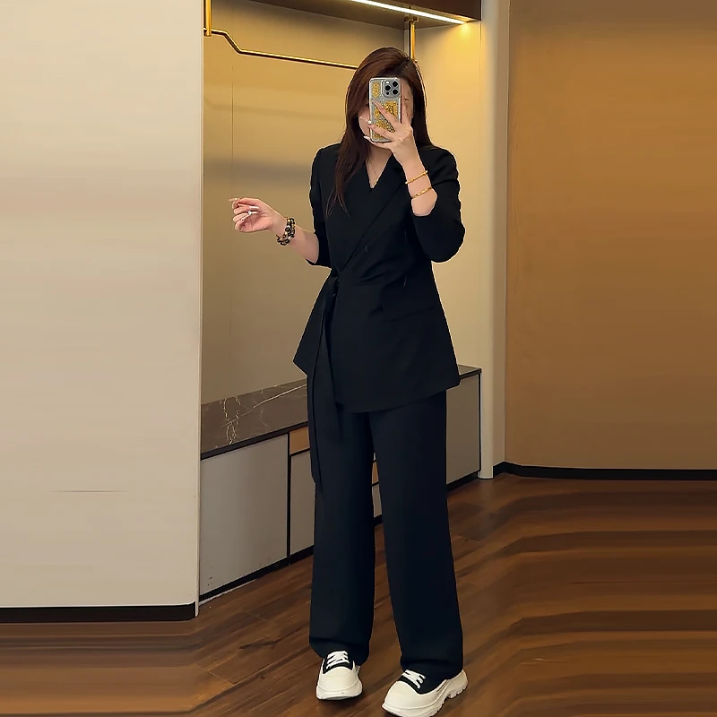 2025秋胖mm收腰绑带显瘦西装上衣套装大码女装休闲长裤西服两件套