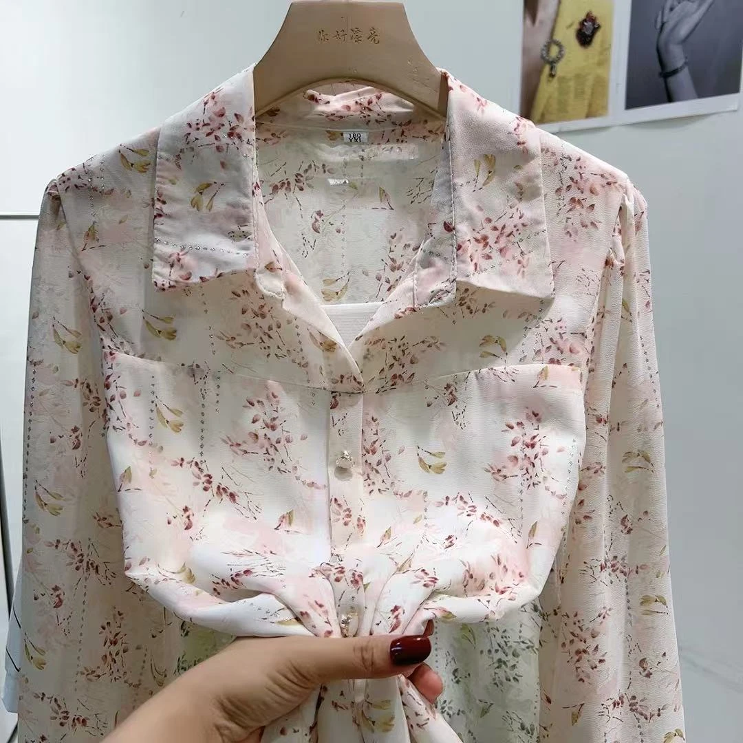 套头款夏季翻领碎花七分袖雪纺衬衫（卡码拍大）