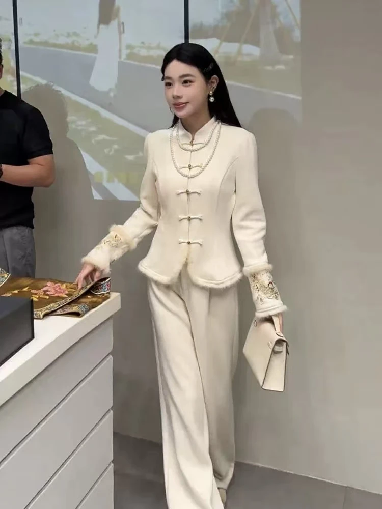 2025秋冬新款中式复古毛边改良衬衫减龄盘扣上衣外套阔腿裤两件套