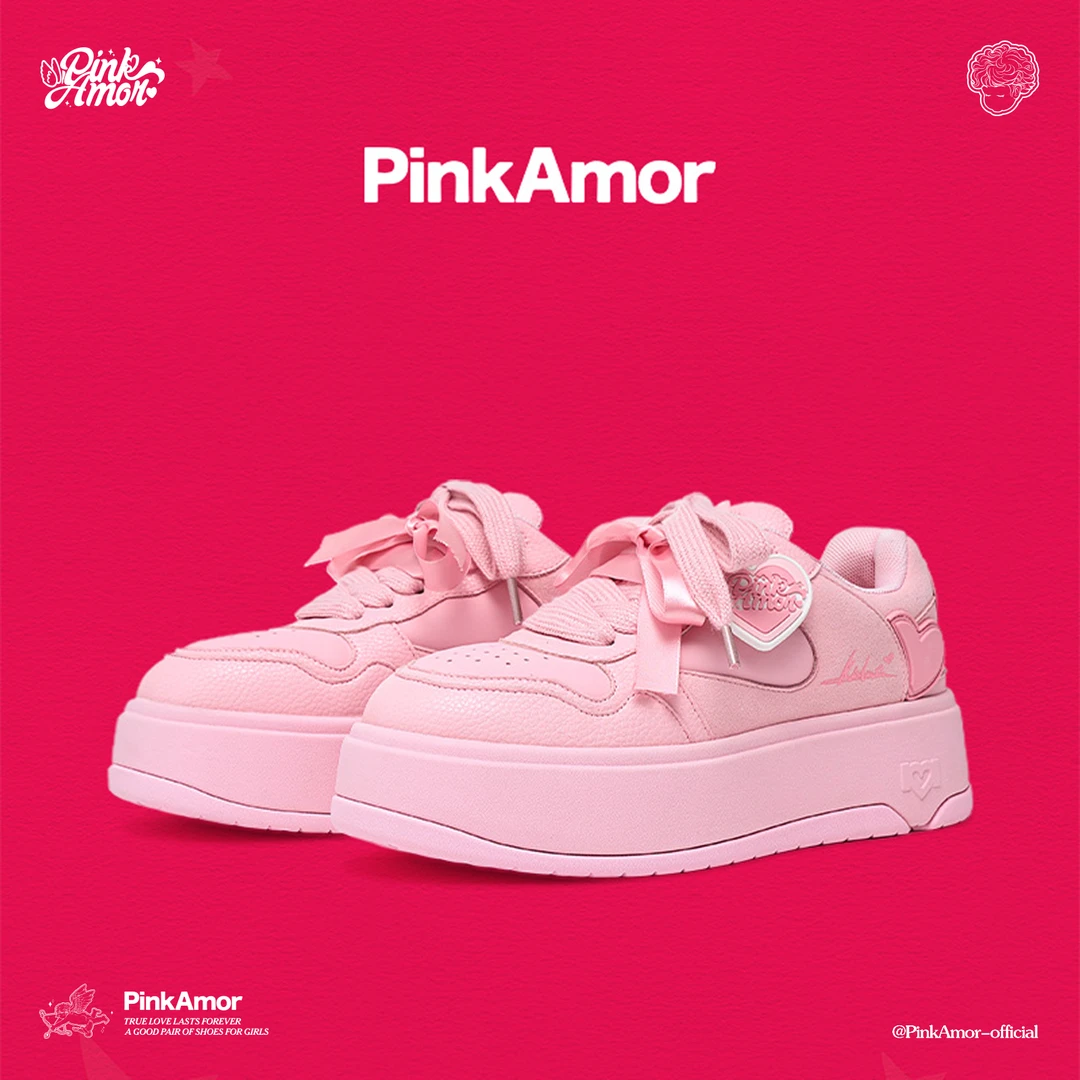 PinkAmor新品粉色厚底板鞋低帮百搭小众运动休闲板鞋女鞋子