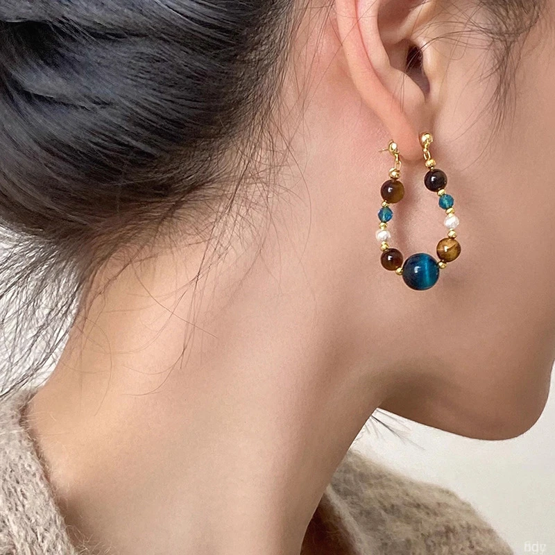 高级感穿戴甲银针欧美复古玻璃串珠虎眼石流苏耳环轻奢高级感耳钉