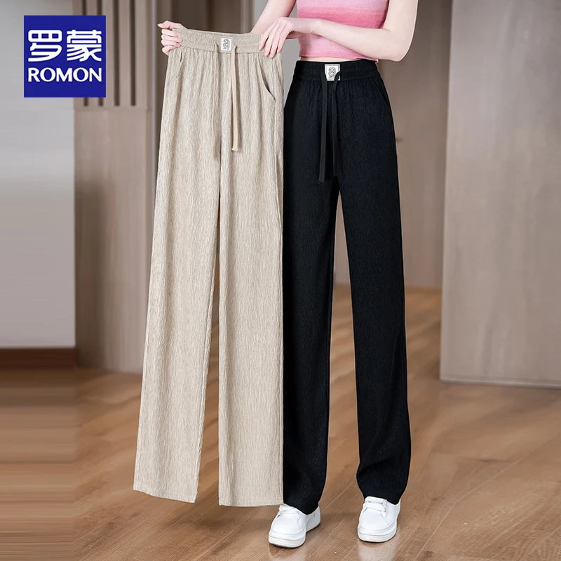 罗蒙女装窄版冰丝阔腿裤女2025夏季新款高腰垂感宽松显瘦拖地裤