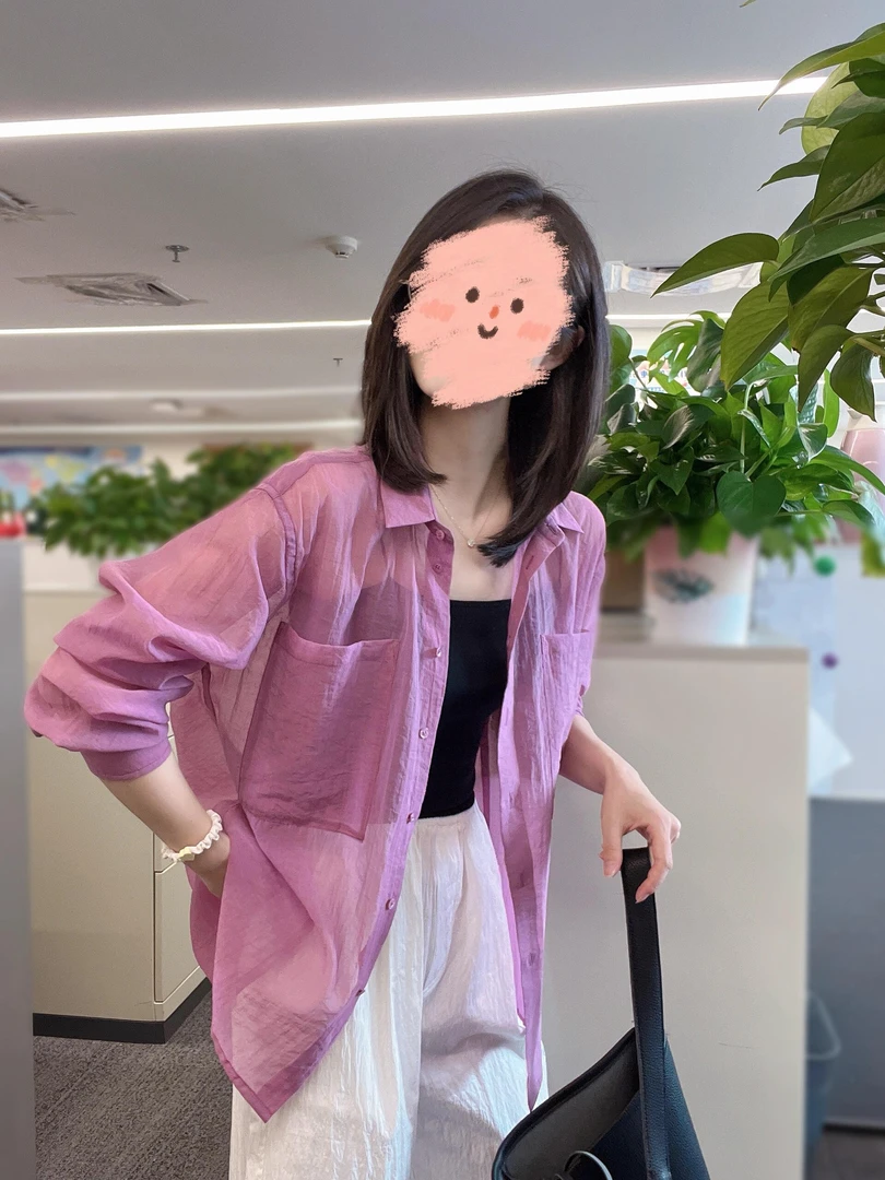 2025夏季新款葡萄紫气质防晒衫薄款设计感长袖衬衣百搭休闲短裤