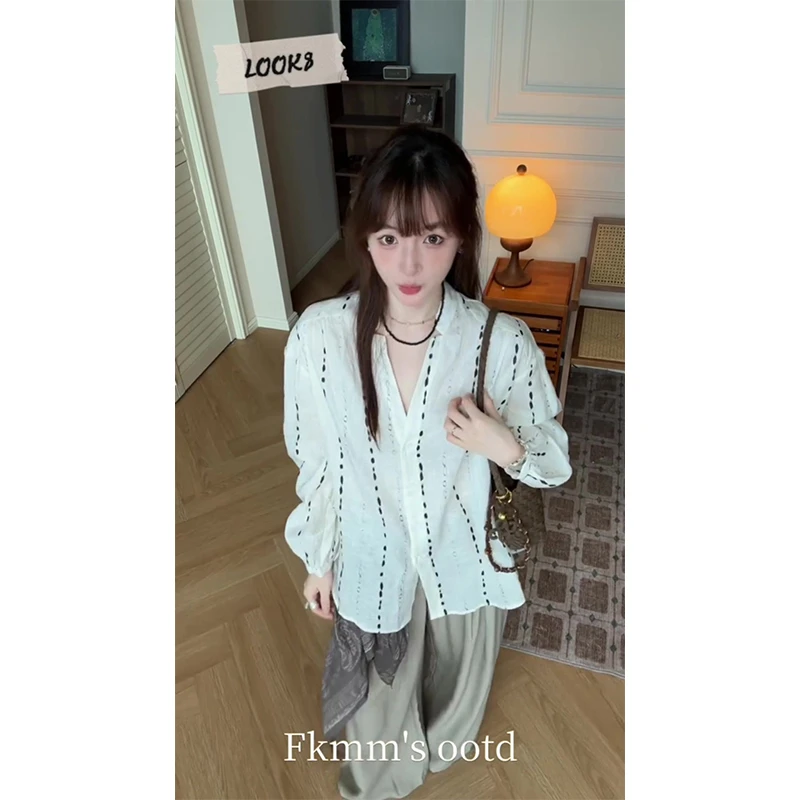 2025秋季长袖薄款防晒衬衫女宽松休闲百搭衬衣高腰垂感直筒阔腿裤