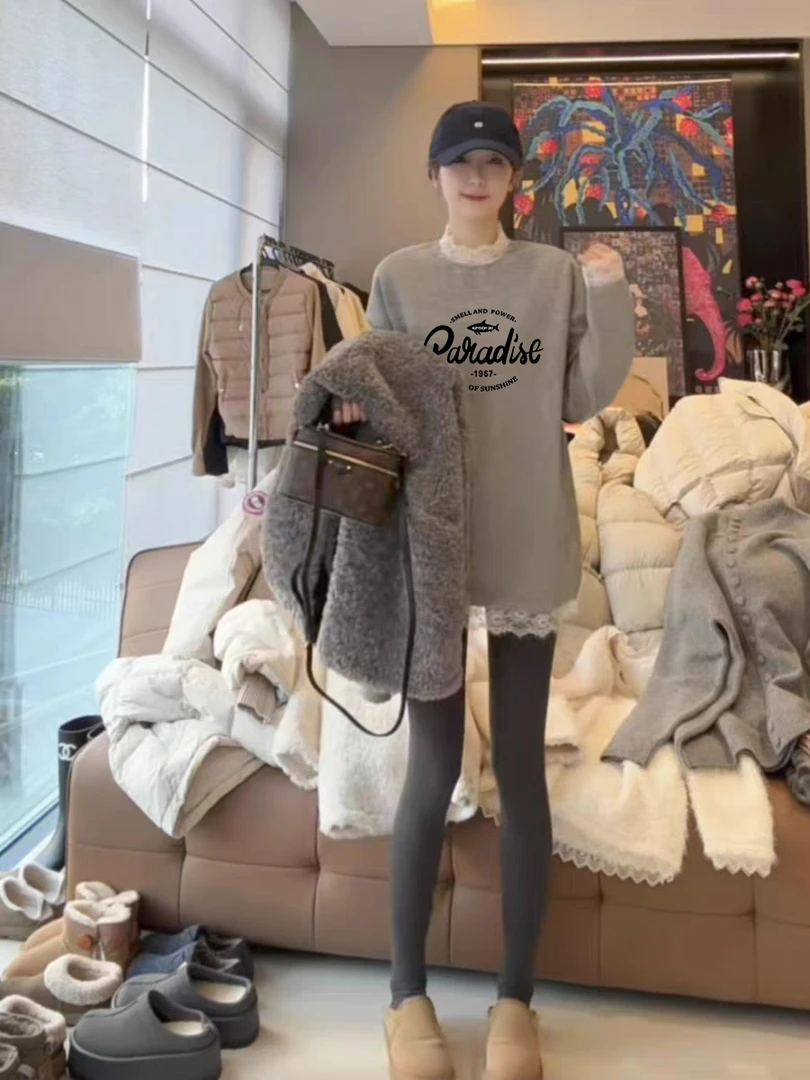 2025秋冬宽松蕾丝花边长袖t恤打底衫女慵懒高级感中长款内搭上衣