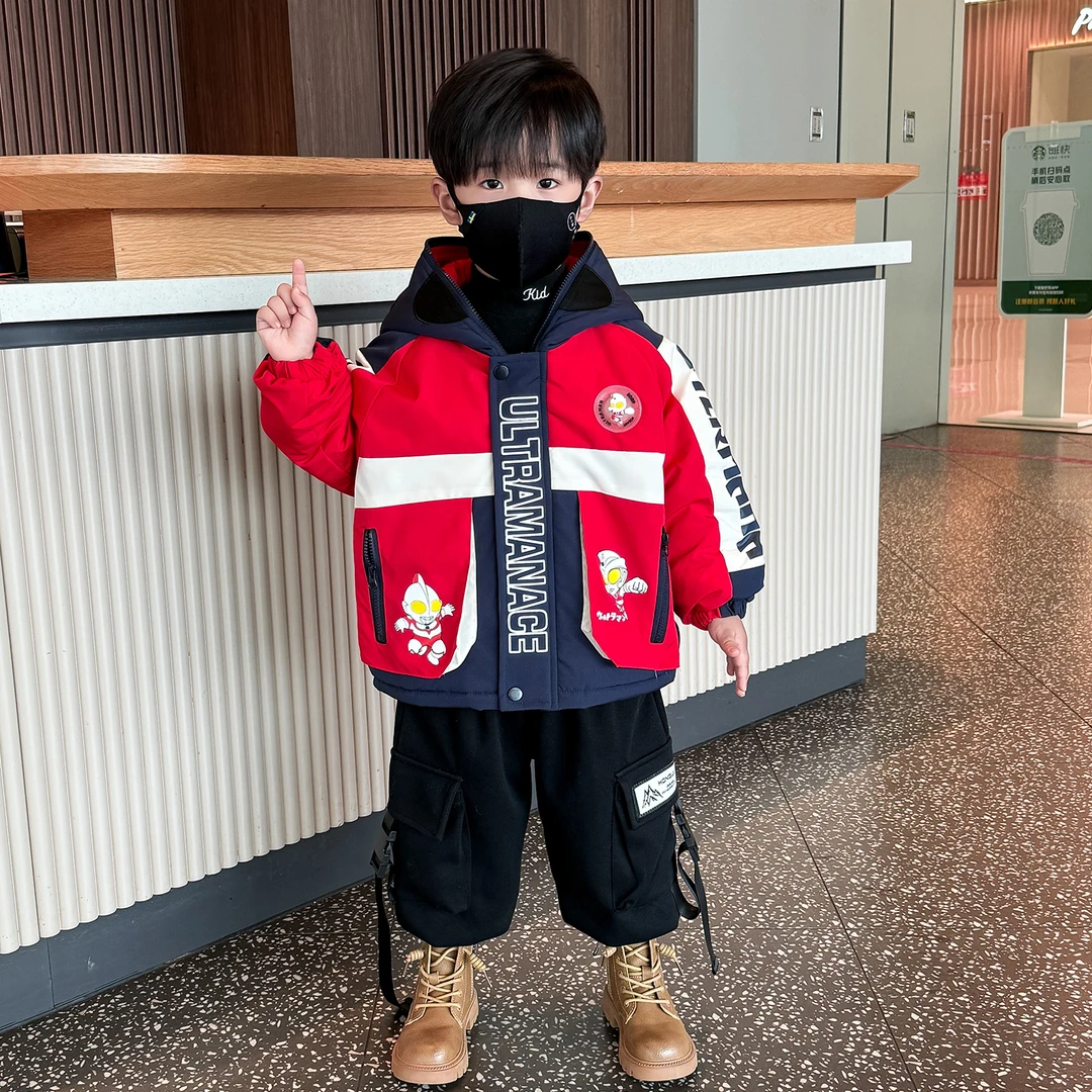 奥特曼衣服男童加绒外套2025新款男孩宝宝保暖棉衣儿童冬季加厚潮