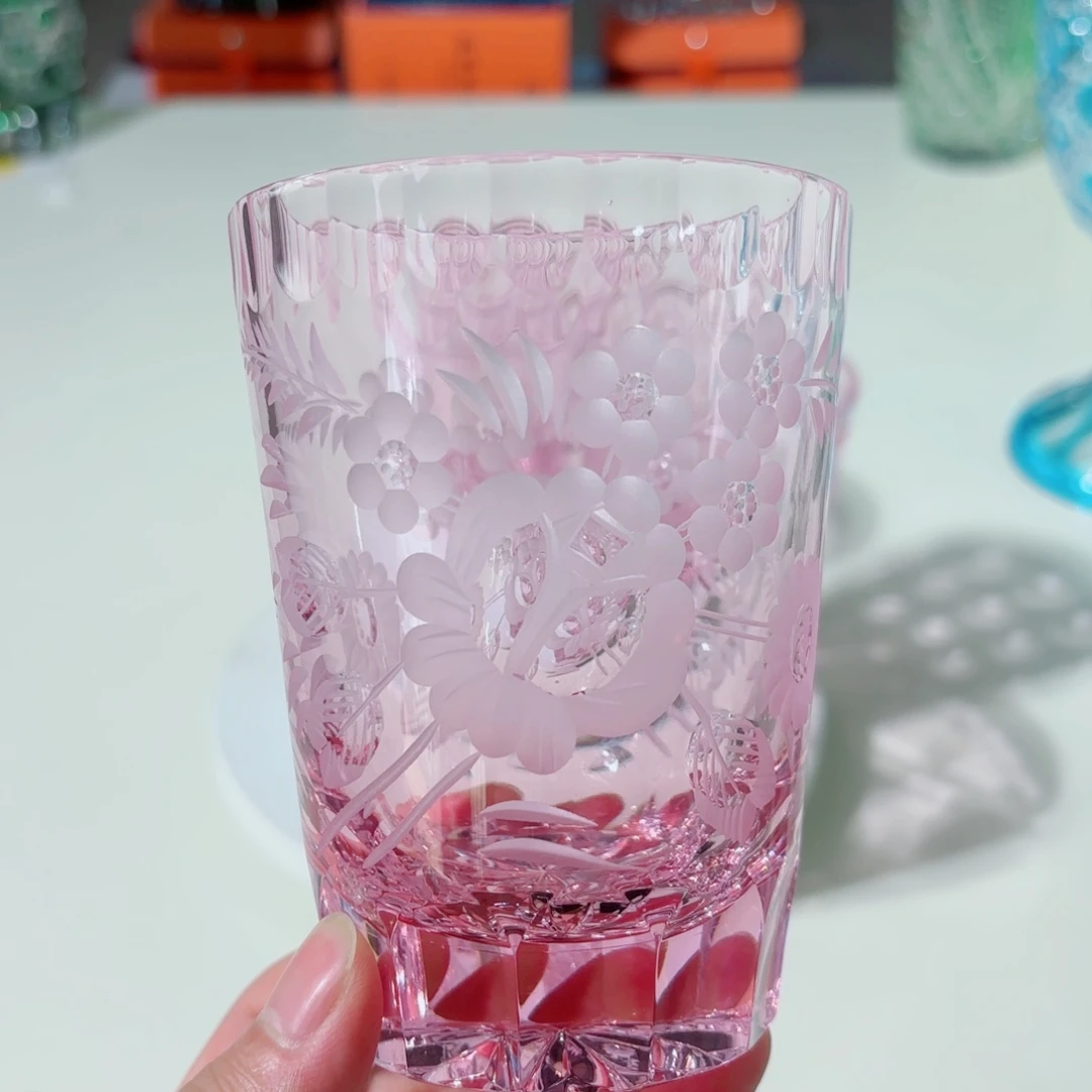 水晶玻璃平底款-樱花粉梅森水晶杯