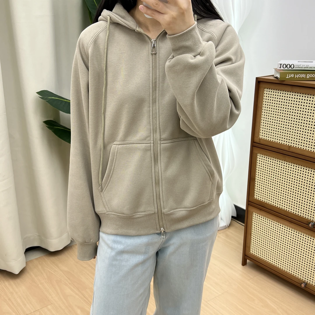 秋冬加绒加厚休闲连帽卫衣外套韩版女连帽宽松针织纯色外套