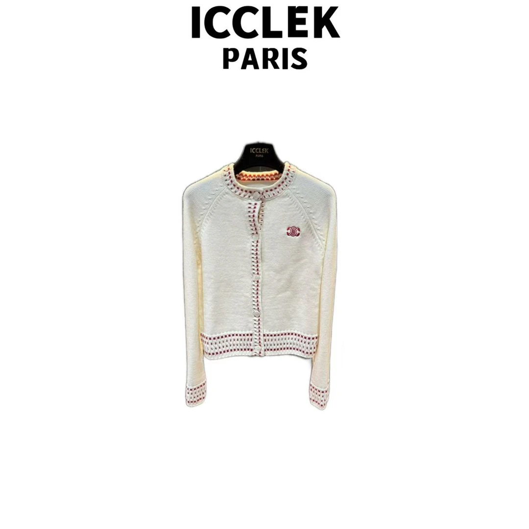 ICCLEK 白色圆领针织衫气质轻奢名媛秋冬百搭简约开衫  - 9008