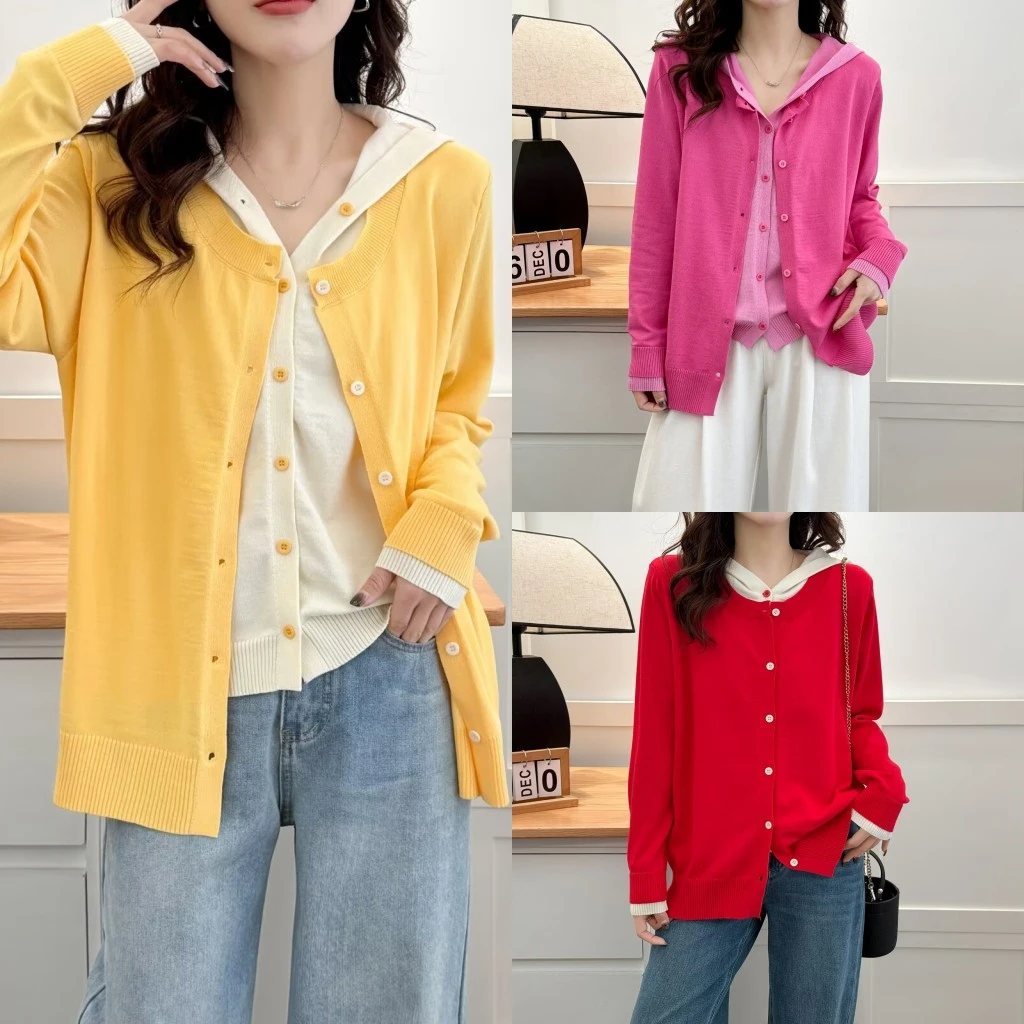 大码胖mm韩版减龄假两件连帽针织开衫女春季新款百搭宽松藏肉上衣