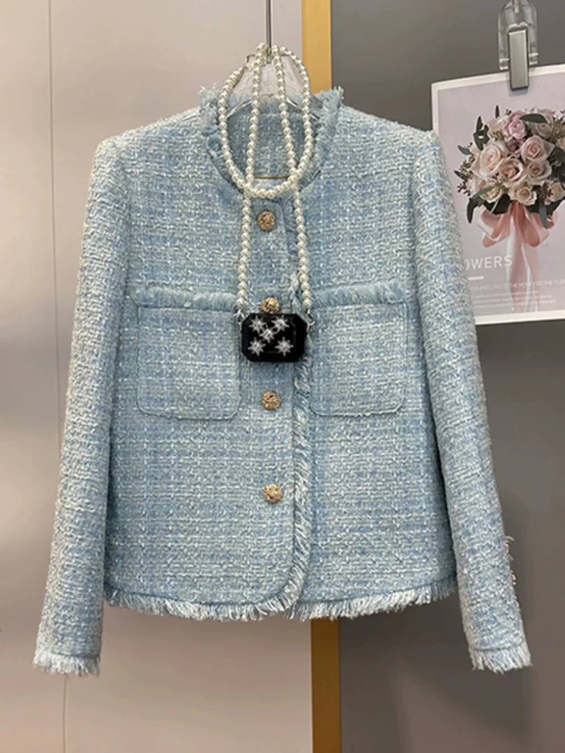 天蓝色圆领流苏外套小香风时尚百搭名媛粗花呢气质春季长袖修身