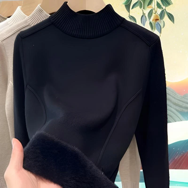 一体绒毛衣女半高领长袖加绒加厚针织打底衫简约百搭显瘦保暖上衣