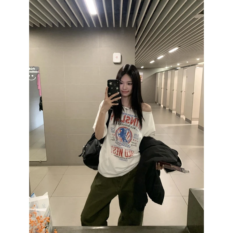 美式复古街头辣妹斜肩短袖t恤女夏季新款露肩一字肩半袖NS