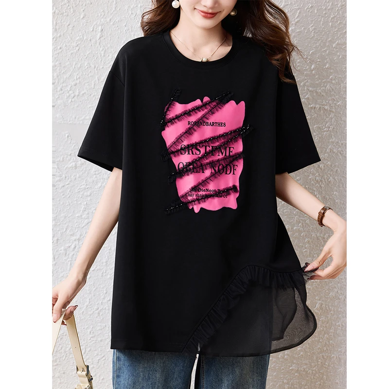 欧货黑色印花雪纺拼接短袖T恤女夏季中长款宽松胖MM遮肚大码上衣