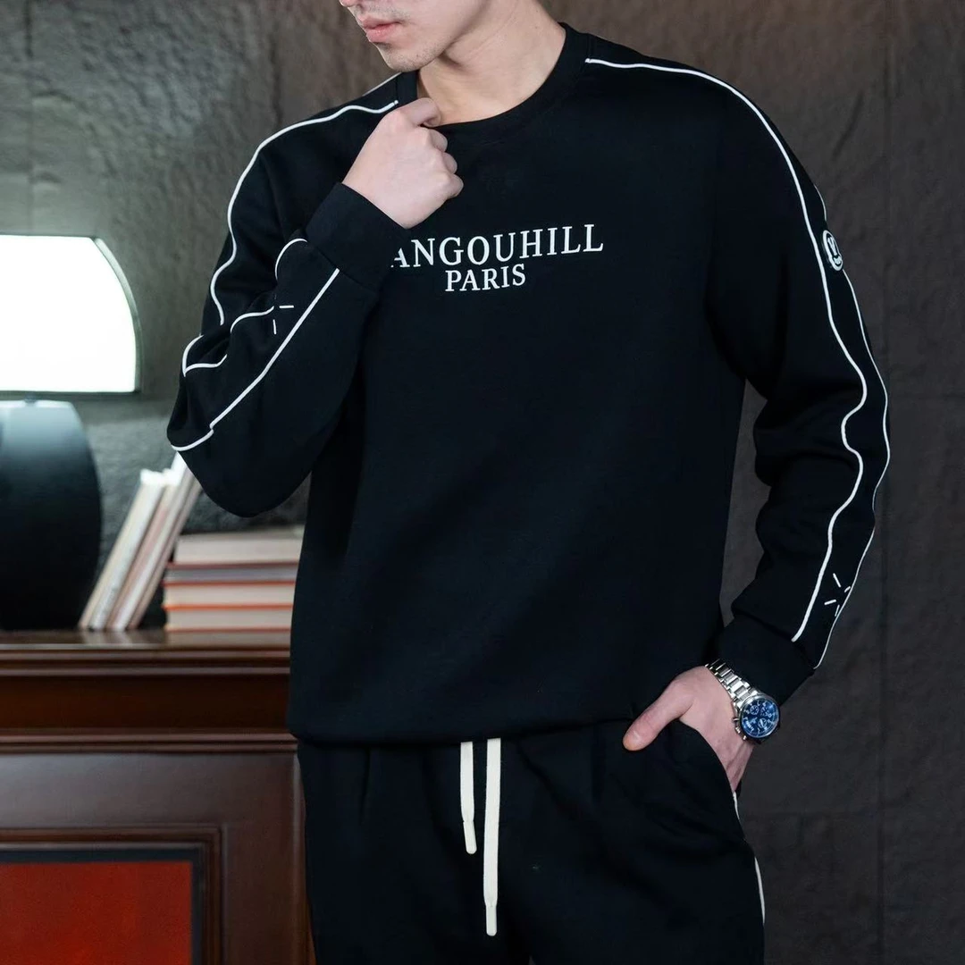 VANGOUHILL/梵高希正肩袖水洗秋季新款长袖匹马棉简约黑色卫衣