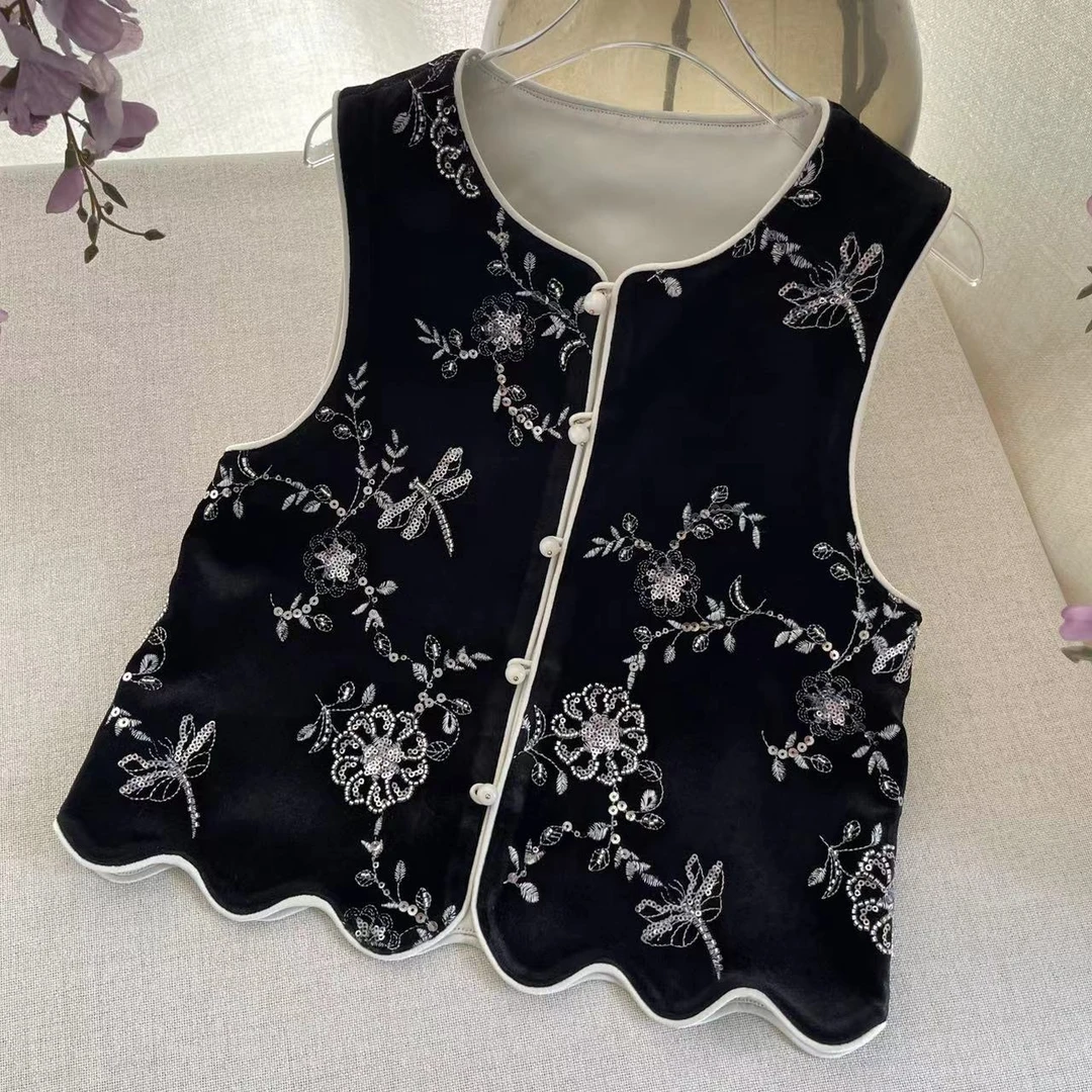 【喜儿定制】冬季新款女童中式黑色绣花马甲时尚儿童女士