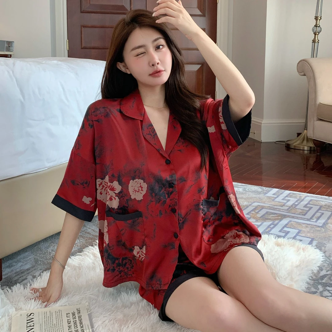 睡衣女宽松夏季薄款短袖短裤红色家居服2025新款轻奢三件套可外穿