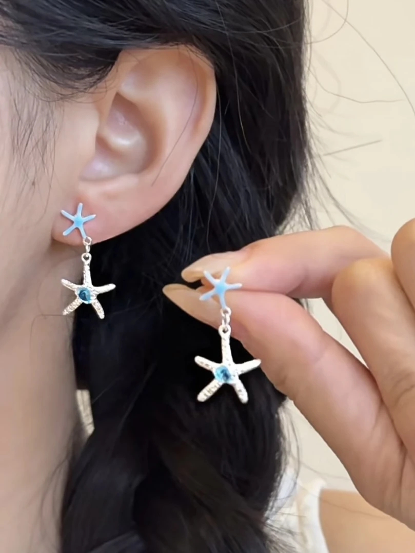 铜合金耳饰 H562海洋之心蓝色锆石海星耳坠耳夹小众独特甜美耳夹