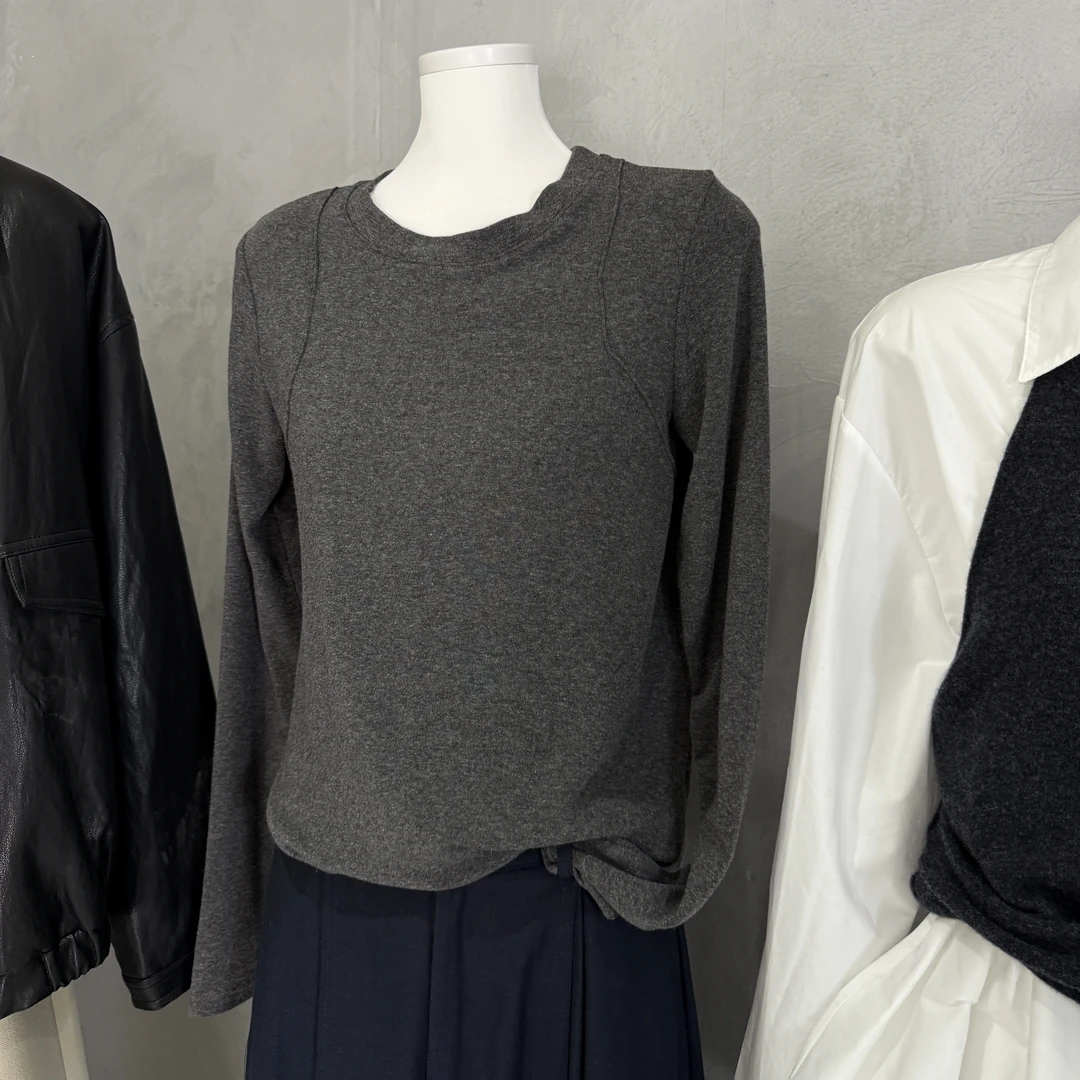 圆领显瘦鱼骨设计感长袖T恤2025秋冬新款打底百搭上衣软糯内搭