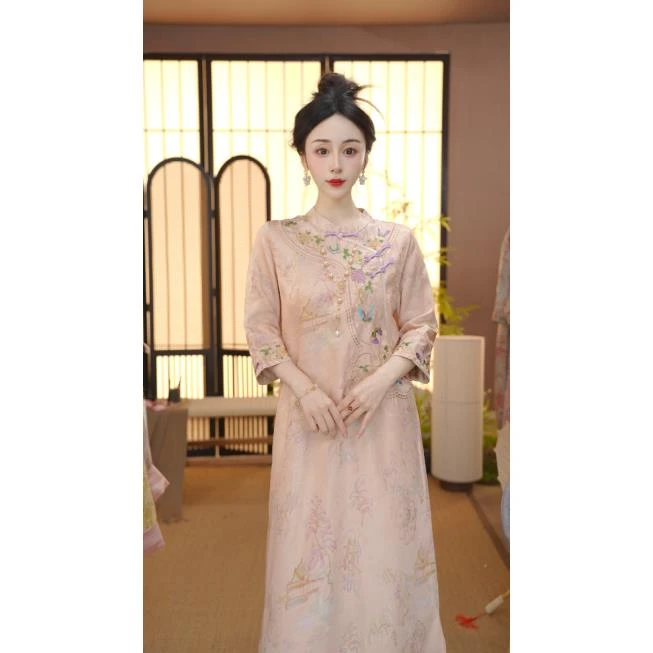 （粉海棠）2025新中式改良中式斜襟春夏季女装宽松连衣裙FB2503262