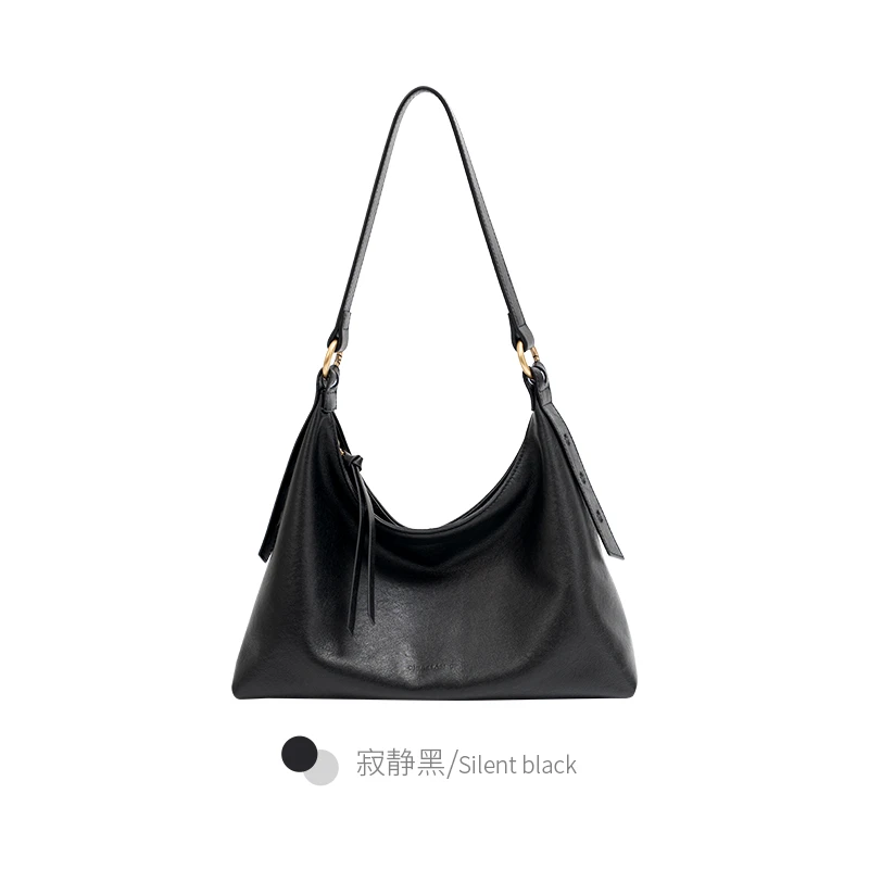 单肩托特包纯色单肩包褶皱牛皮包时尚肩包秋冬